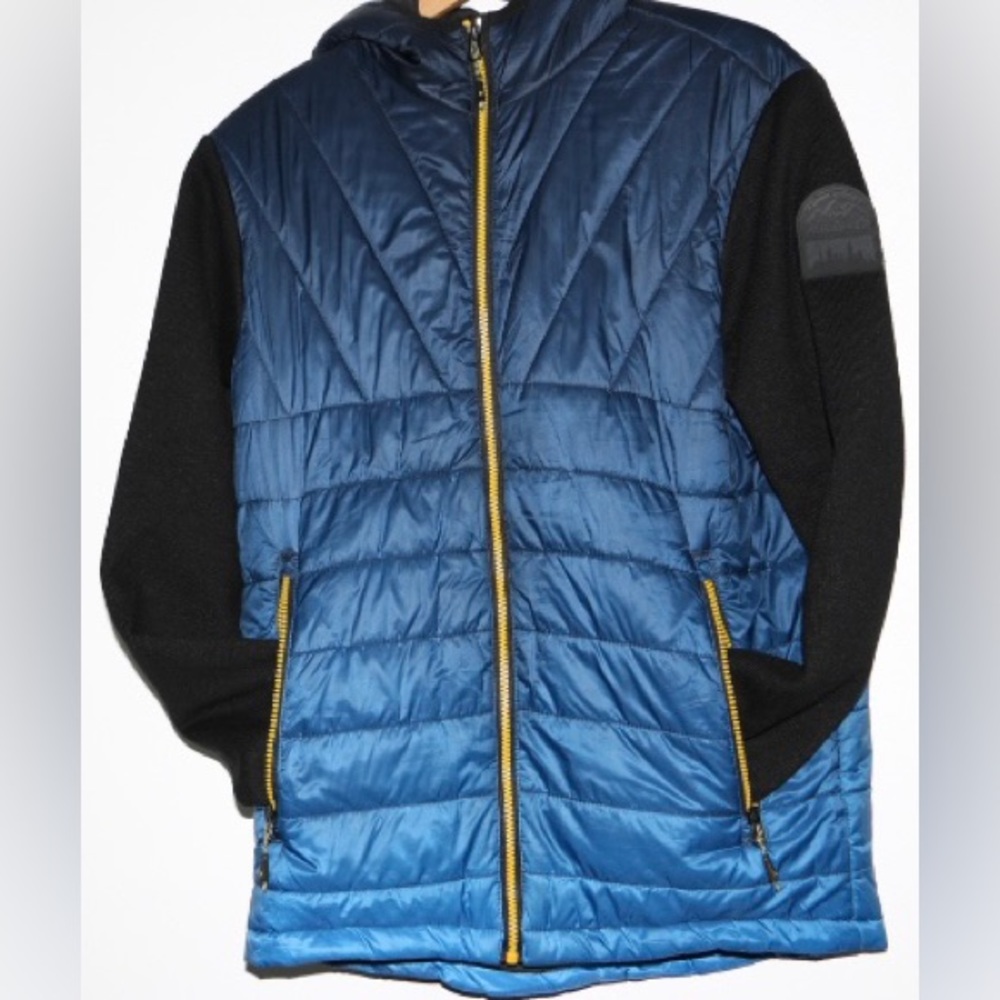 Hawke & Co Men’s Puffer Jacket Small Blue Black Hooded Hybrid Zip